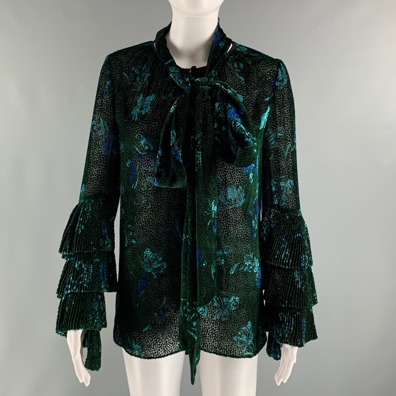Prabal Gurung Size 0 Green Black Viscose Silk Abstract Floral V-Neck Dress Top